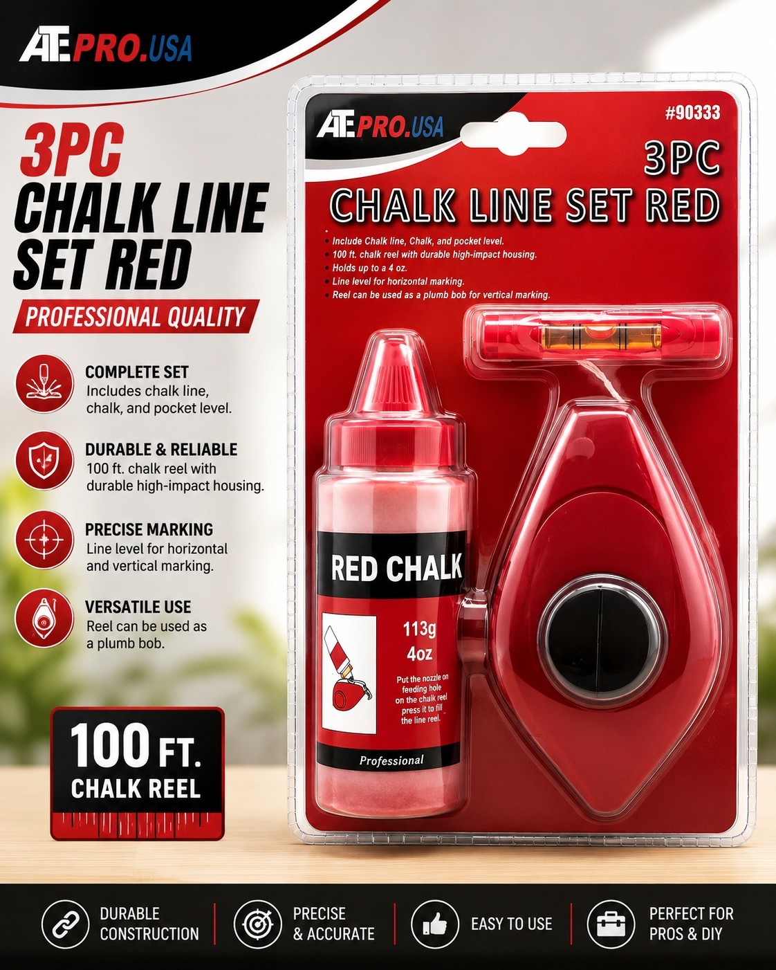 ATE Pro Chalk Line Reel Set 100 Ft Red Chalk Chalk Reel ATE Pro Chalk Line Reel Set 100 Ft Red Chalk Chalk Reel