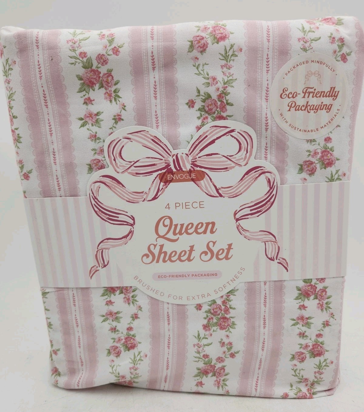 NEW Envogue 4-Piece QUEEN Sheet Set. Floral Stripe, Ivory Pink NEW Envogue 4-Piece QUEEN Sheet Set. Floral Stripe, Ivory Pink