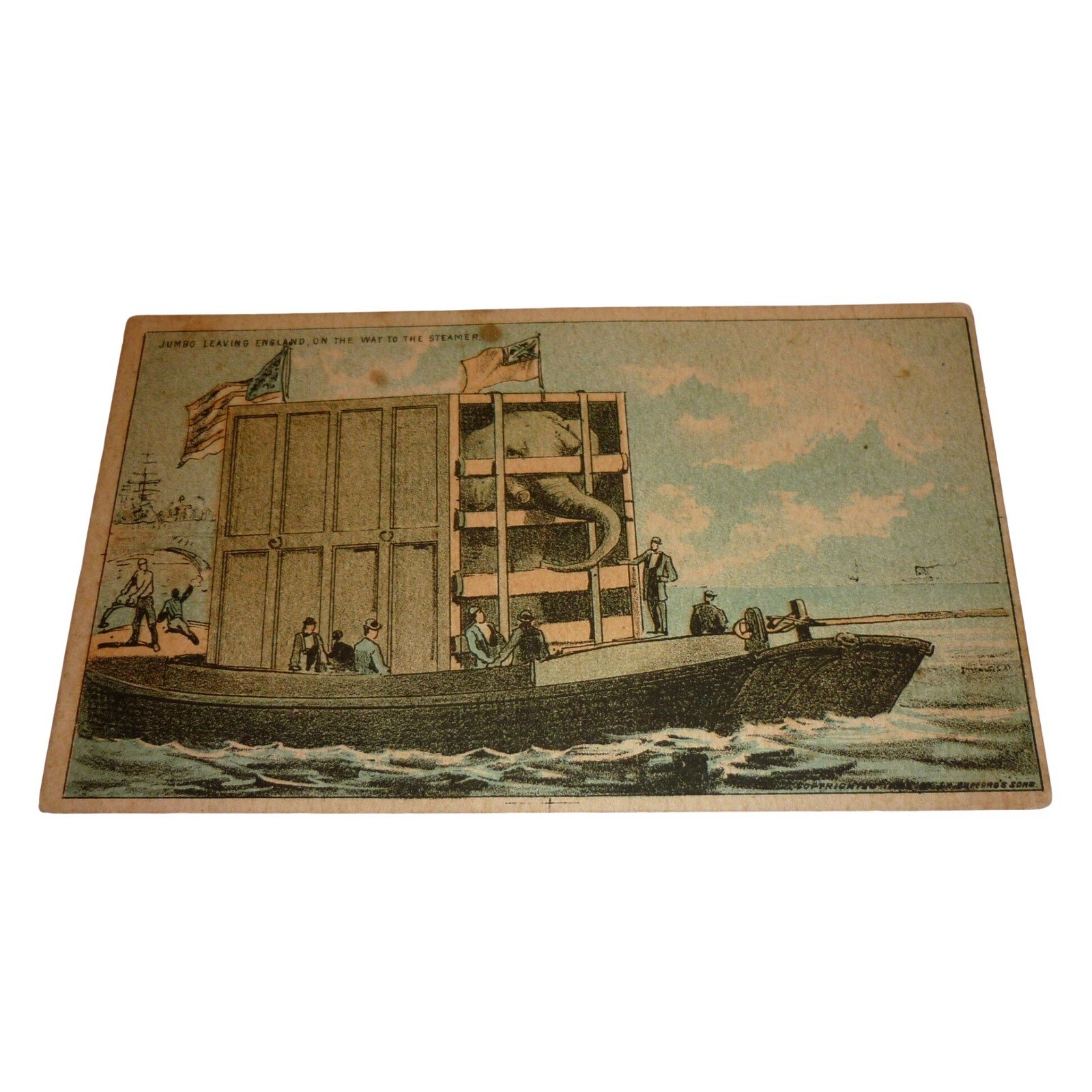 Antique Trade Card Jumbo Elephant Ship Mrs C Obertop Keokuk Iowa Toys Candy