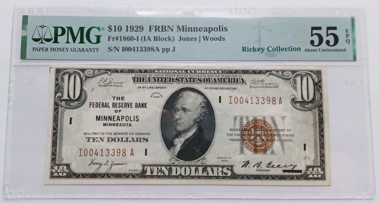 1929 $10 Minneapolis FRBN Fr 1860-I PMG 55 EPQ AU, Rickey Collection,Jones Woods 1929 $10 Minneapolis FRBN Fr 1860-I PMG 55 EPQ AU, Rickey Collection,Jones Woods