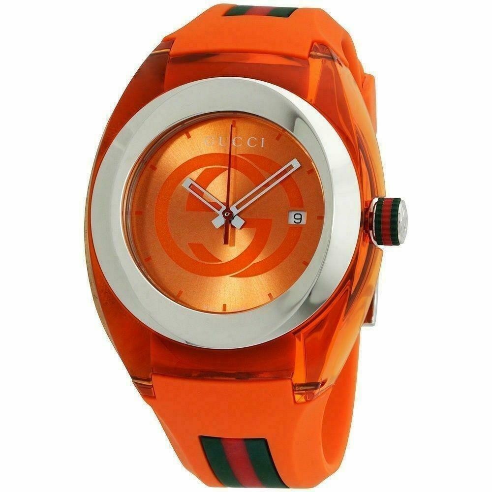 New GUCCI XXL Sync SYNC Swiss Quartz Orange Rubber Watch 46 MM YA137108