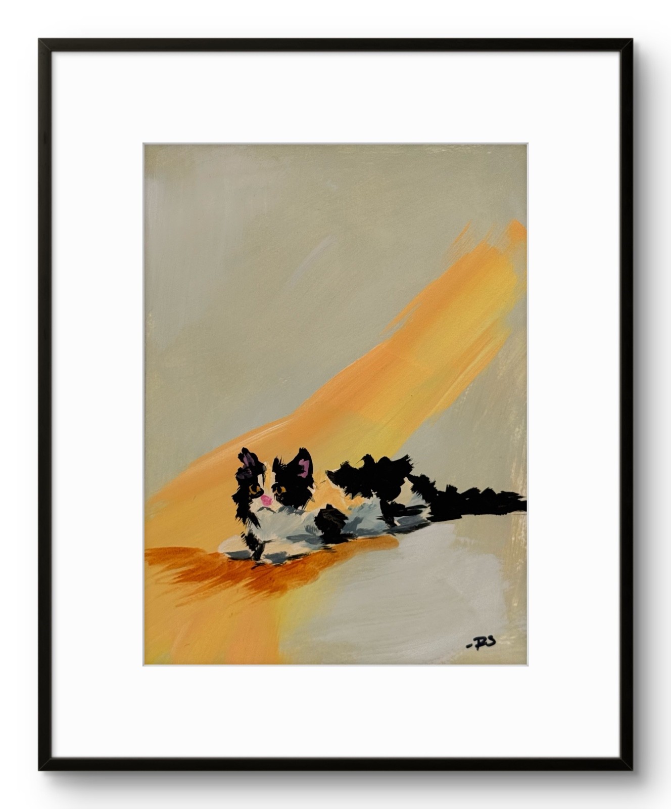 R Stevens Original 9x12 Modern Tuxedo Cat Resting Painting Signed Art On Paper