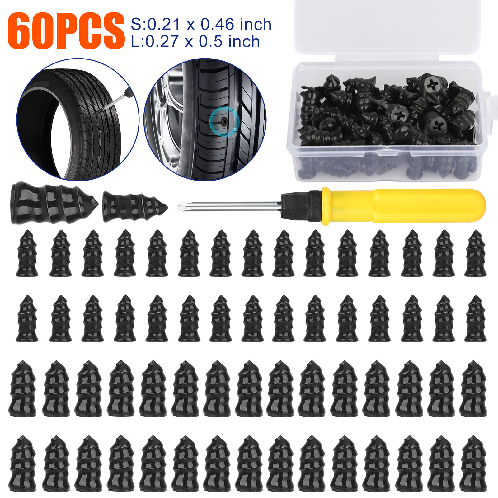 60PCS Car Vacuum Tire Repair Nail Rubber Screw Nails+ Screwdriver Tool W/Box Set