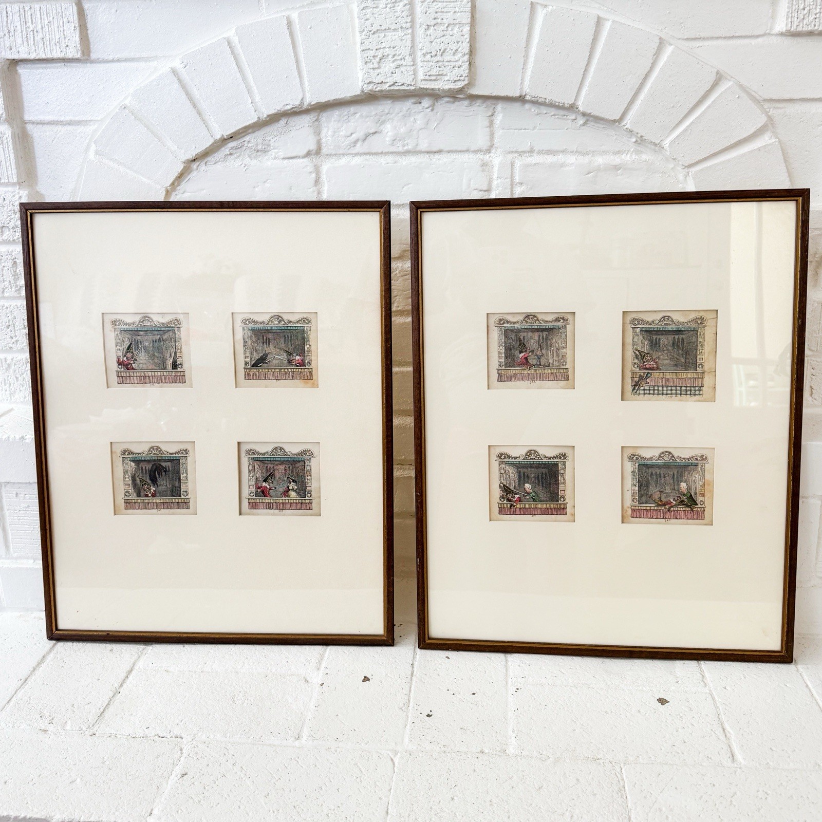 Antique George Cruikshank Punch & Judy Hand Colored Etchings Lot of 8 Framed