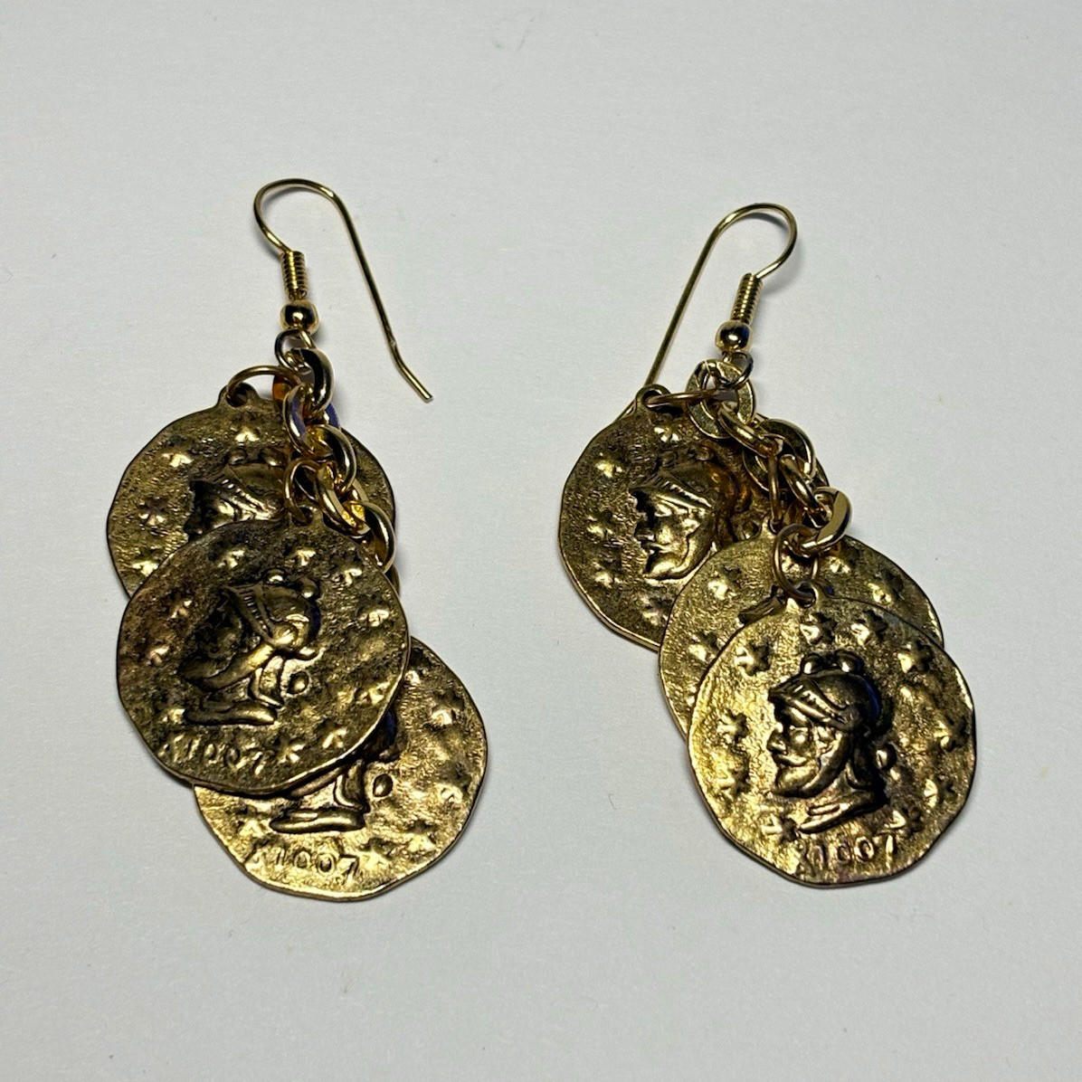 Vintage Greco Roman Helmet Coin Medallion Tiered Statement Earrings