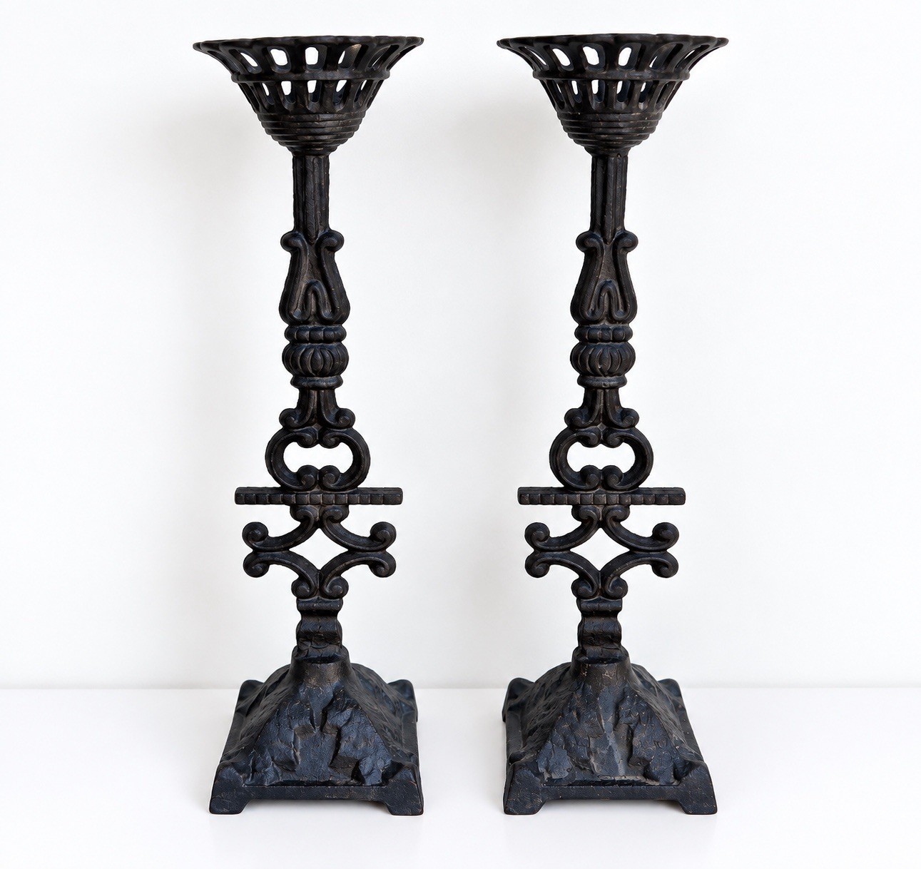 Pair Vintage Ornate Cast Iron Gothic Candlesticks Candle Holders Pair Vintage Ornate Cast Iron Gothic Candlesticks Candle Holders