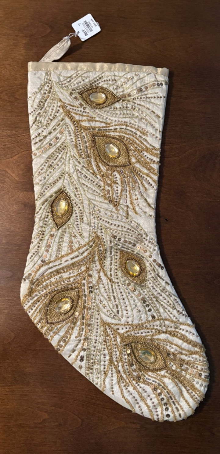 Pier 1 NEW Beautiful Beaded Peacock Feather Christmas Stocking Pier 1 NEW Beautiful Beaded Peacock Feather Christmas Stocking