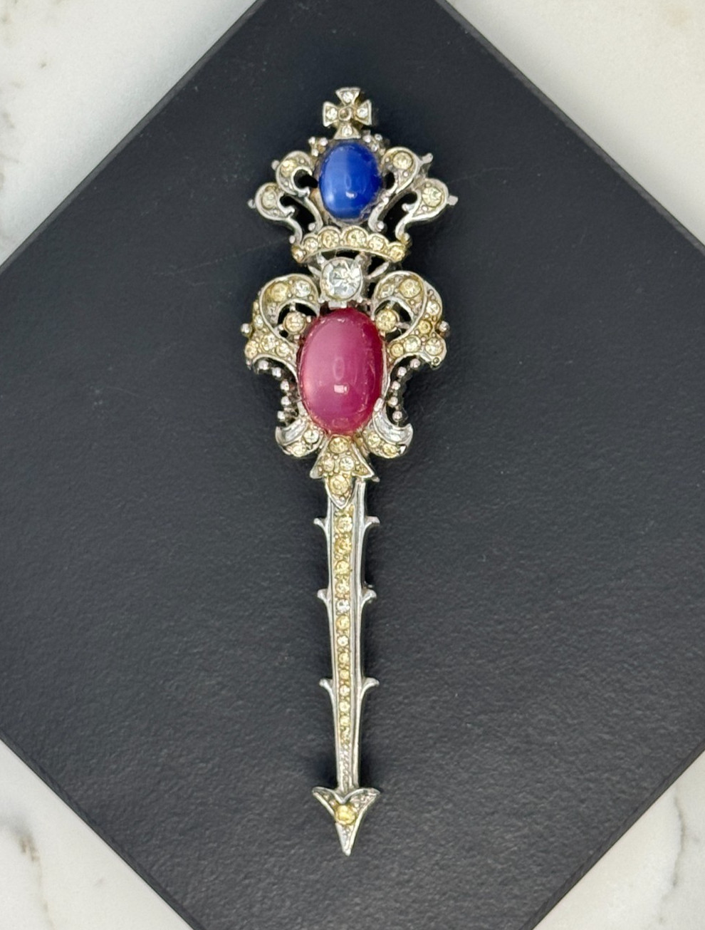 Vintage 1940s Coro Craft Scepter Brooch Pink Blue Cat Eye Rhinestone Crown Pin
