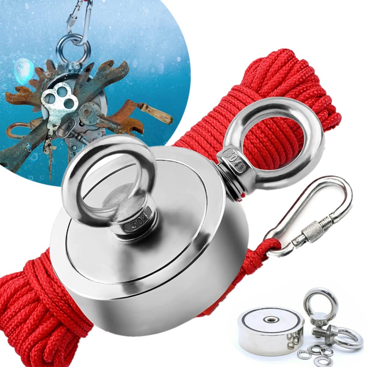 Up to 1500 Lbs Fishing Magnet Kit Pull Force Strong Neodymium + Carabiner+ Rope