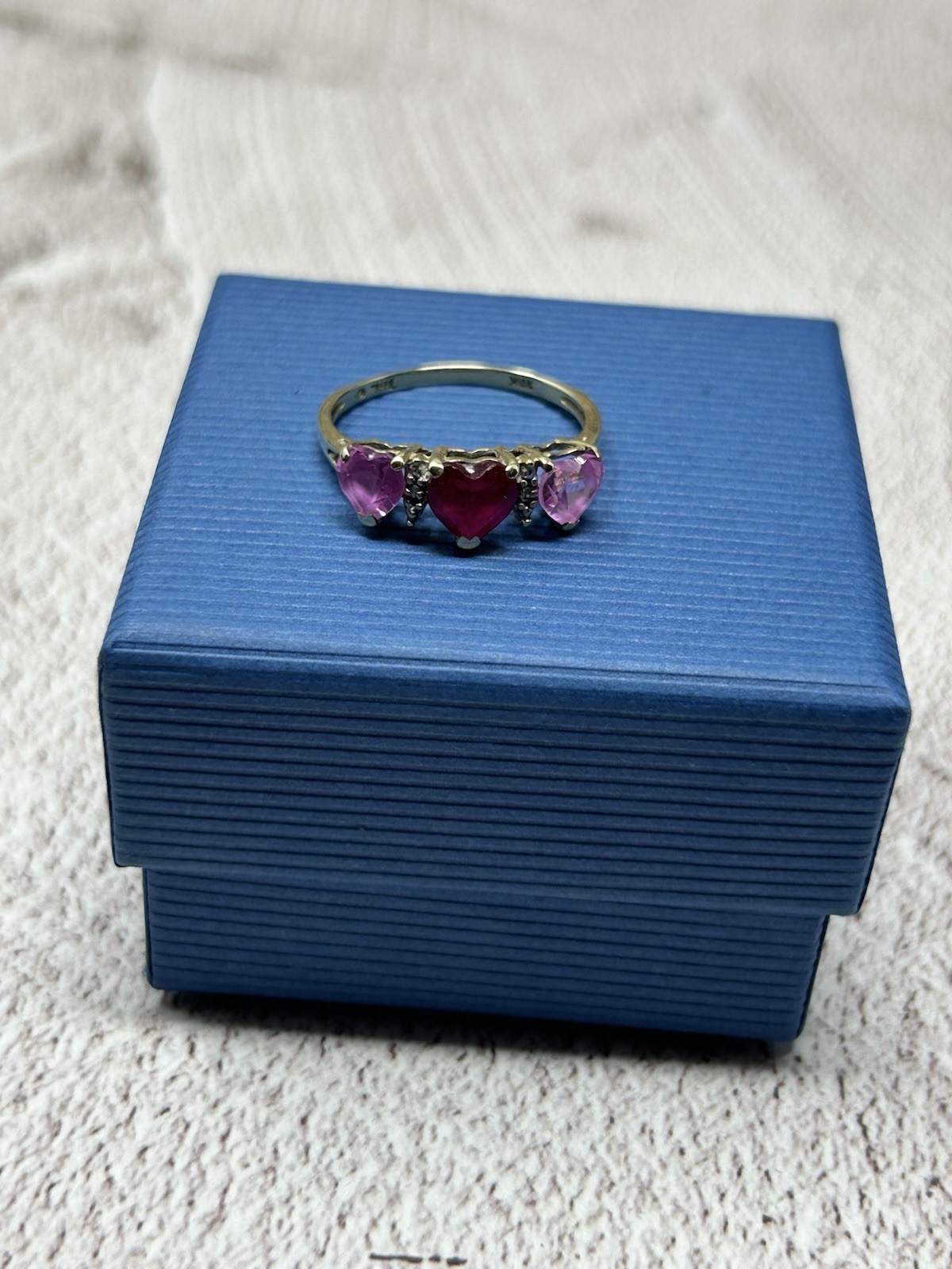 Vintage LGL Leer Gem Ltd 10K Gold Heart Trio Lab Created Ruby Diamond Ring Sz 7