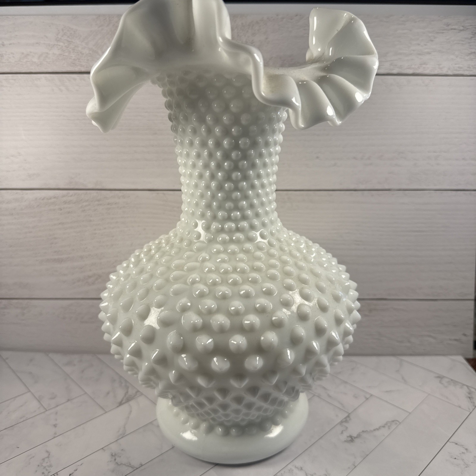 Fenton White Hobnail Milk Glass Vase with Ruffled Edges Fenton White Hobnail Milk Glass Vase with Ruffled Edges