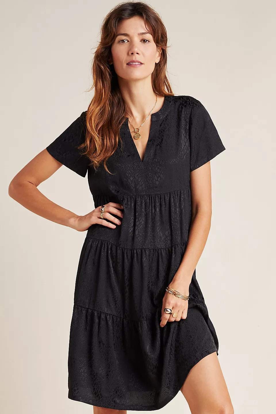 Anthropologie Maeve Sacha Jacquard Tiered Tunic in black, size Small.