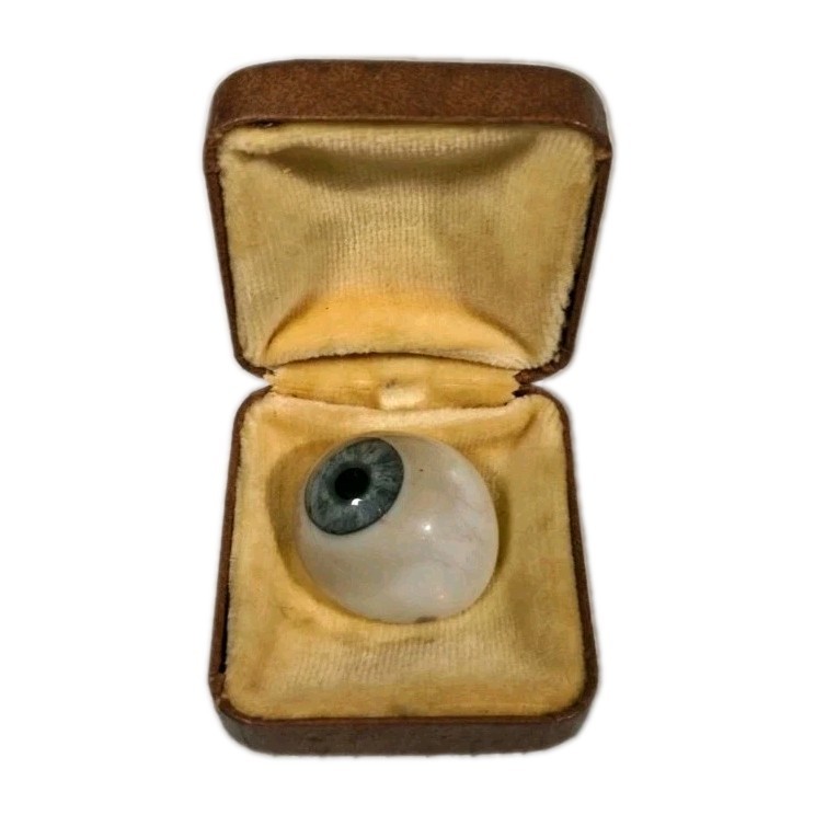 Antique Hand‑Blown Cryolite Glass Eye in Orig Southern Optic Case (1890s–1940s)