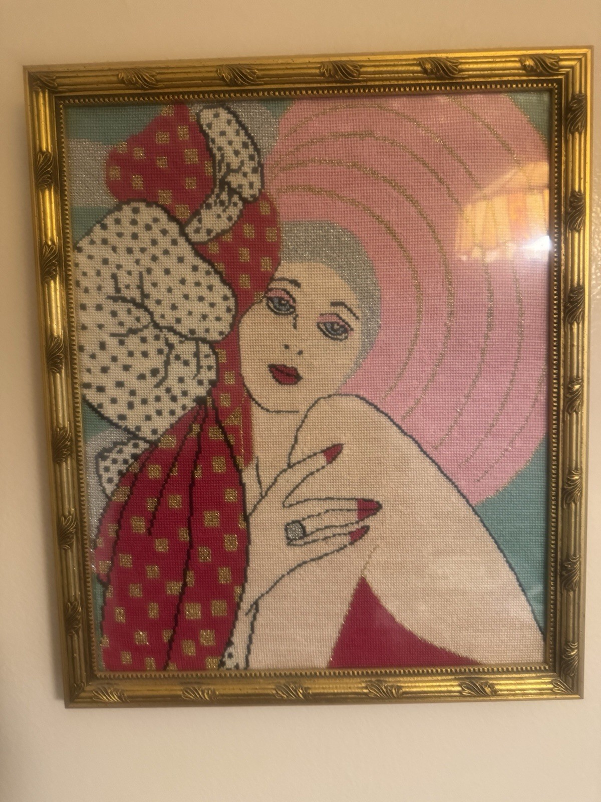 Vintage Framed Hand-Stitched Needlepoint Portrait “Diamond Lil” Folk Art Vintage Framed Hand-Stitched Needlepoint Portrait “Diamond Lil” Folk Art