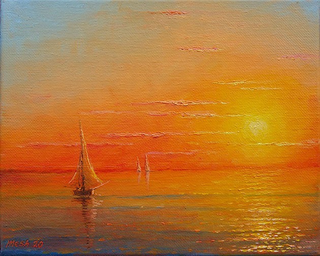 8x10 MESH ORIGINAL OIL CANVAS PAINTING ART SEASCAPE SUNSET SAIL BOAT CALM SEA 8x10 MESH ORIGINAL OIL CANVAS PAINTING ART SEASCAPE SUNSET SAIL BOAT CALM SEA