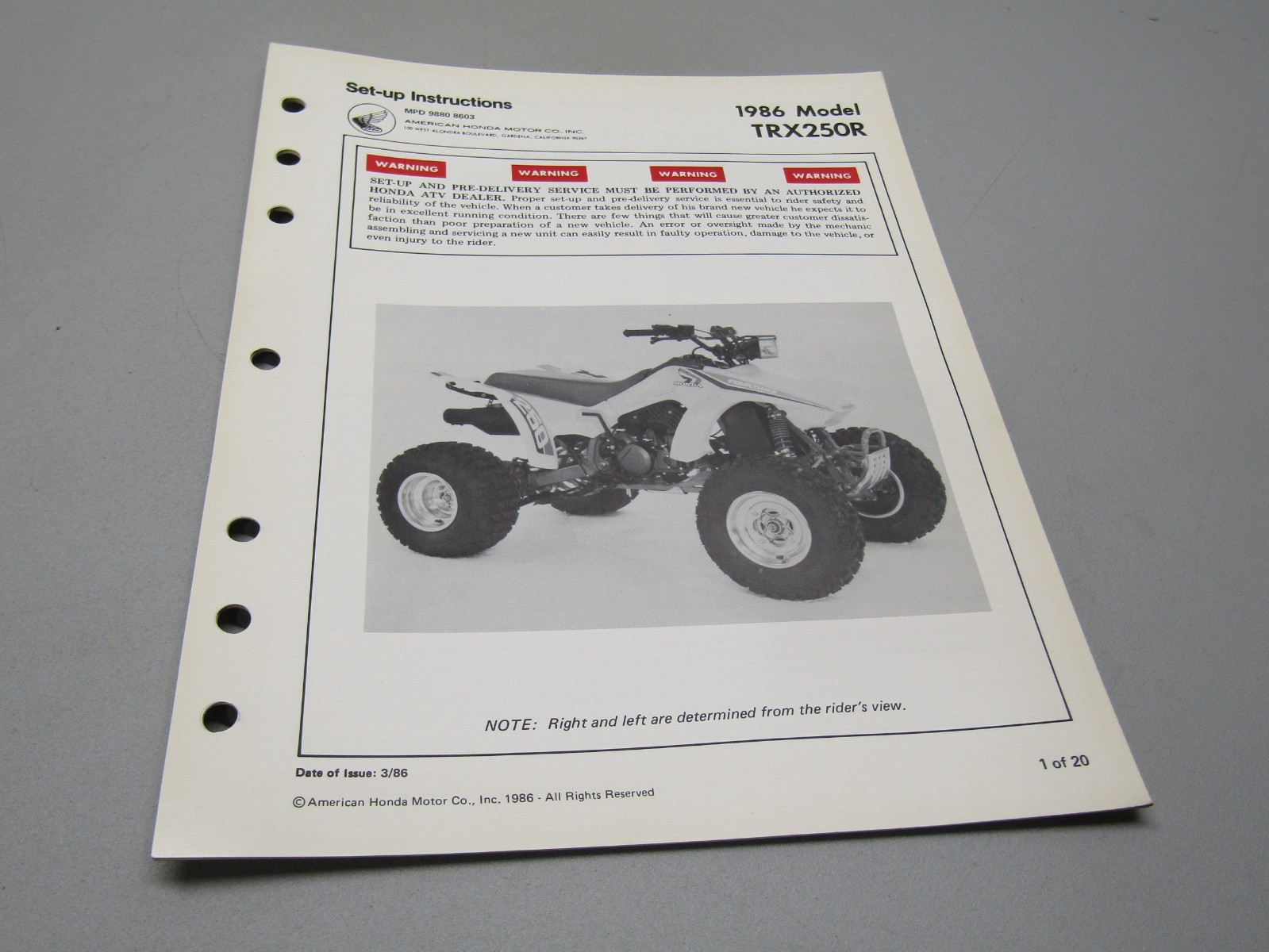 1986 HONDA TRX250R FOURTRAX 250R  GENUINE DEALER SET UP INSTRUCTIONS 20 PAGES