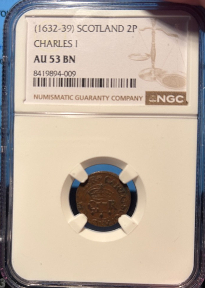 SCOTLAND. Charles I, 1632-1639 Copper Twopence NGC AU 53 BN SCOTLAND. Charles I, 1632-1639 Copper Twopence NGC AU 53 BN