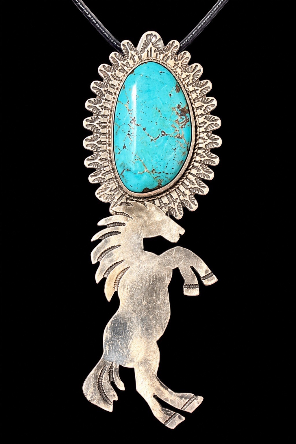 Huge Beautiful Sterling Silver Native American Turquoise Concho Horse Pendant