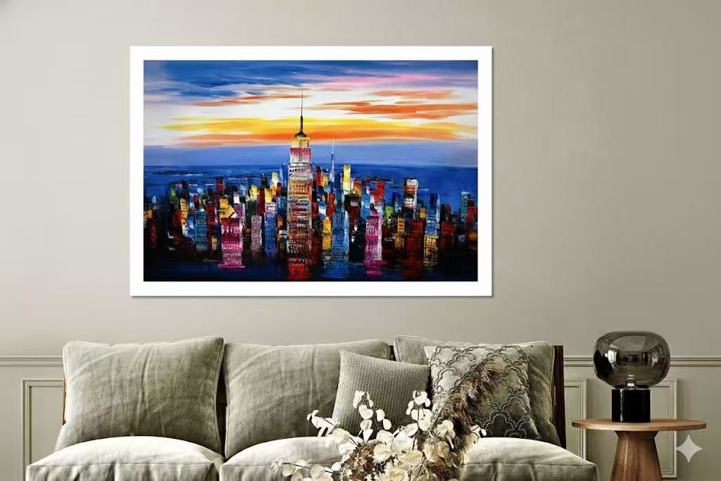 Original Modern NY CITY Skyline Oil Painting on Canvas-Abstract Sunset Wall Art