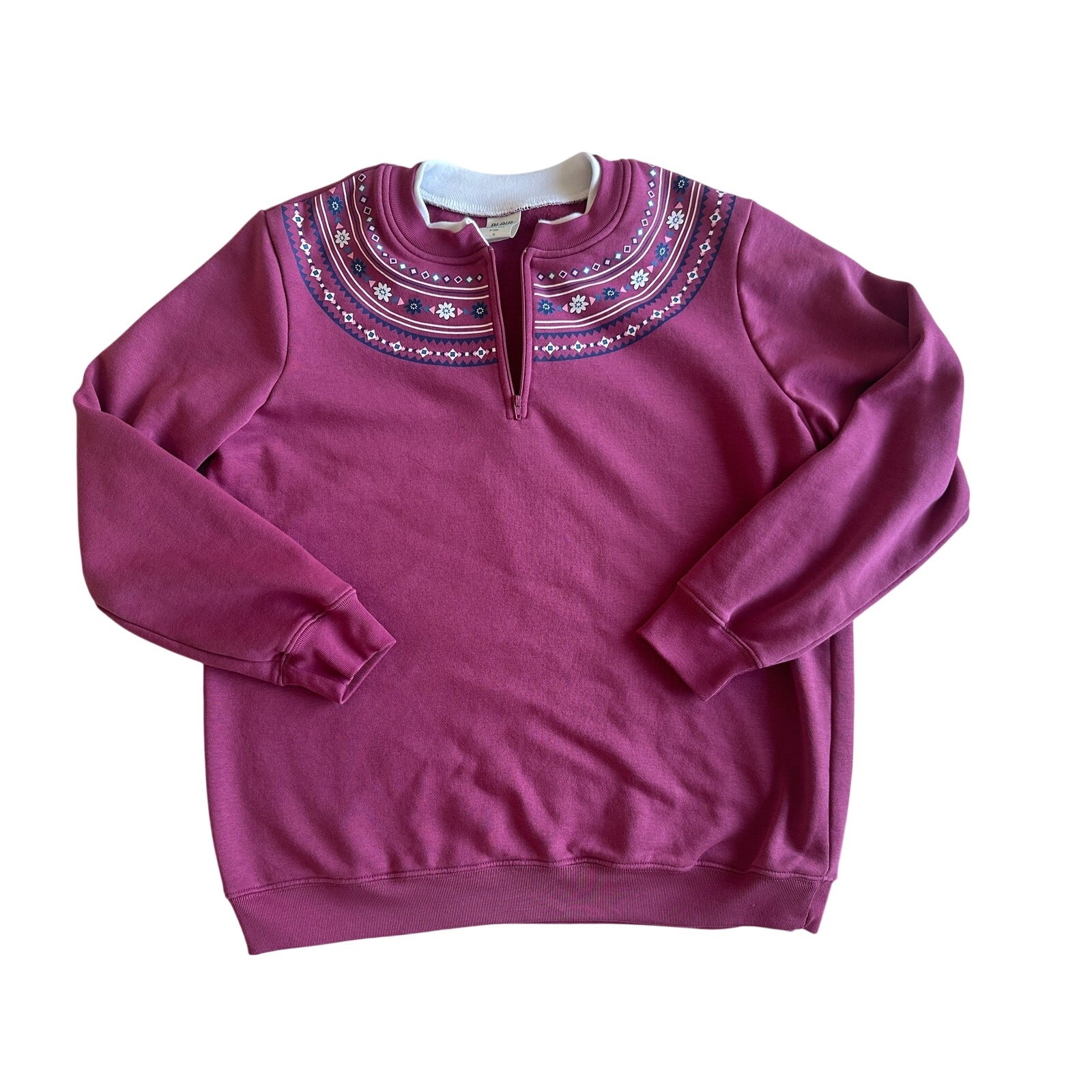 Blair Vintage 1/4 Zip Sweatshirt Pink Floral Geometric Pullover Size M