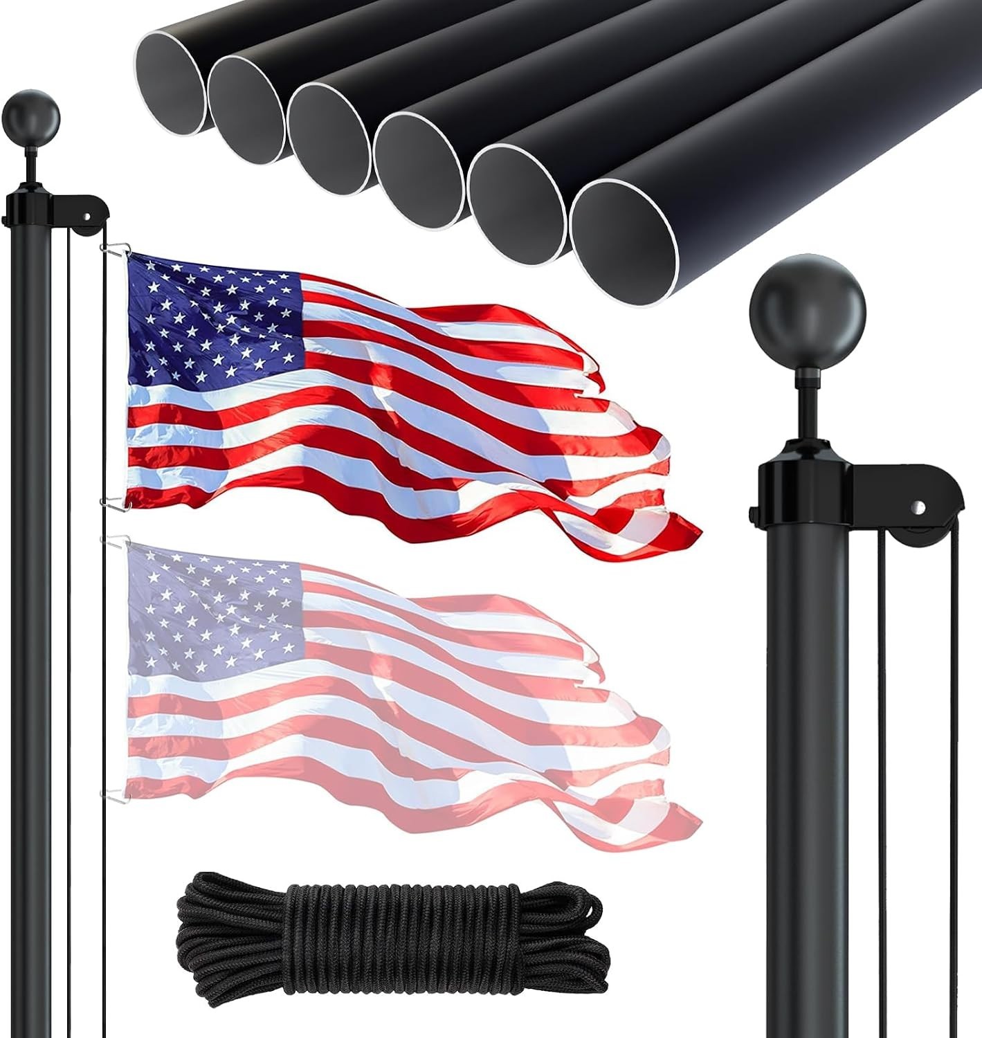 Elegant 25FT Heavy-Duty Flagpole Kit with Complete Accessories & US Flag - Black Elegant 25FT Heavy-Duty Flagpole Kit with Complete Accessories & US Flag - Black