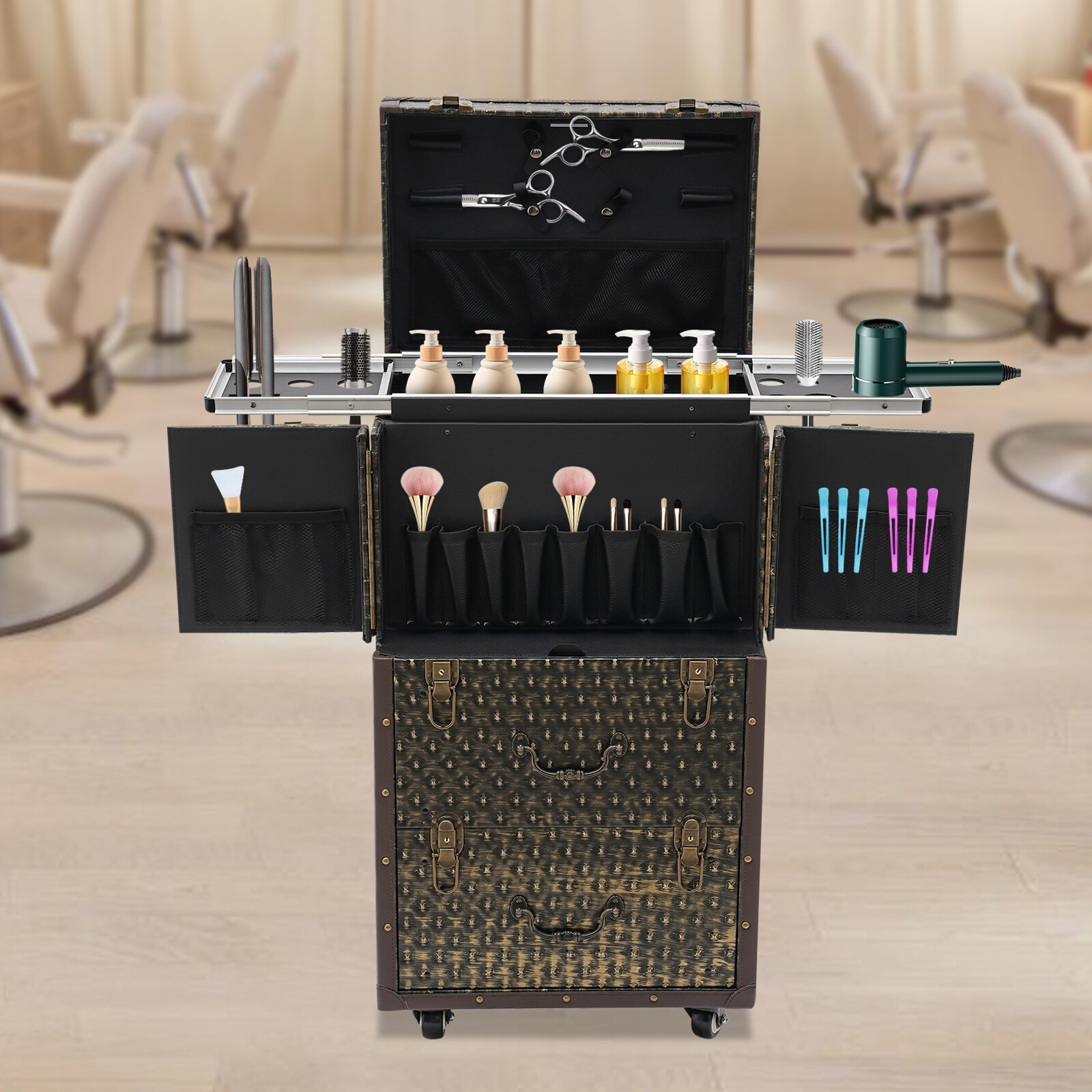 Vintage Rolling Hairdressing Case with Secure Lock and Ample Storage