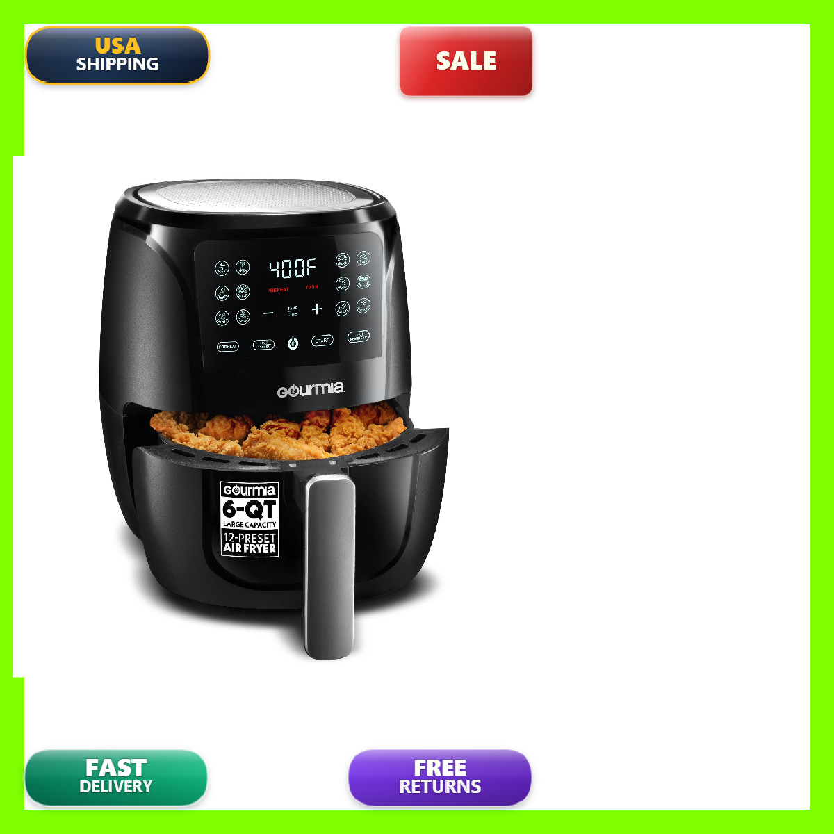 Gourmia Air - 6 Qt Large Capacity Fryforce 360 Digital Display 12 Presets Roast