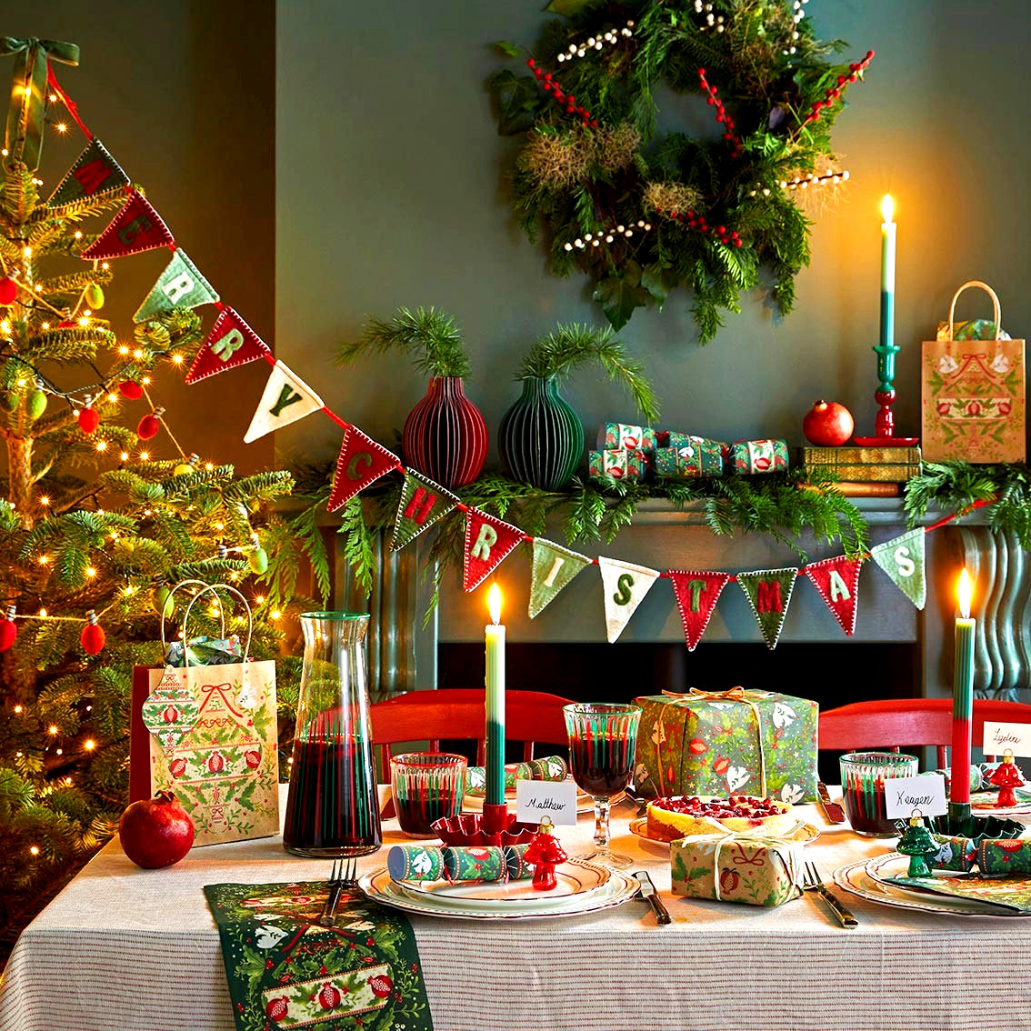 Red & Green Felt Merry Christmas Bunting, Luxury Merry Christmas Felt Bunting