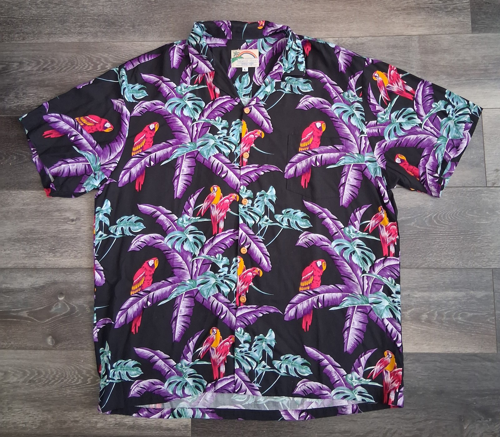 Vintage Paradise Found Jungle Bird Hawaiian Shirt Black Purple Mens Size Large Vintage Paradise Found Jungle Bird Hawaiian Shirt Black Purple Mens Size Large