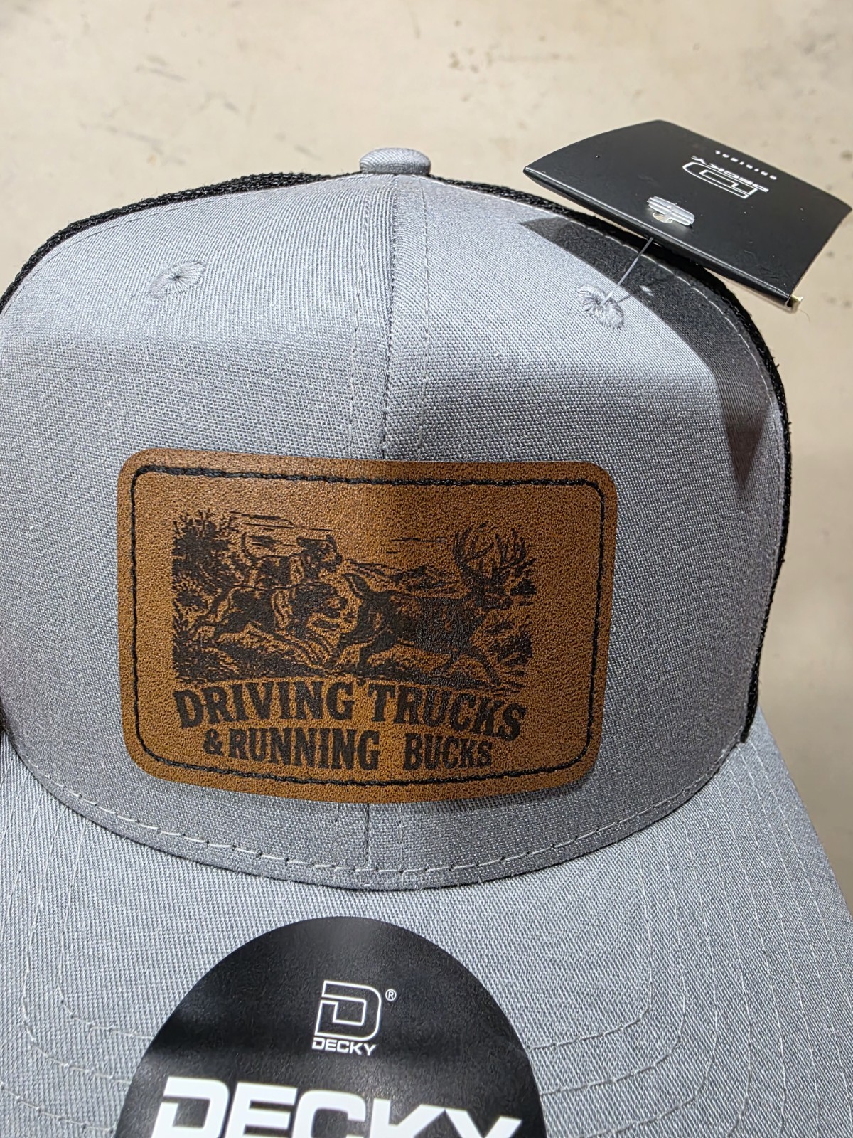 Decky Trucker Hat Gray/Black One Size Adjustable Mesh Back Graphic Print Patch