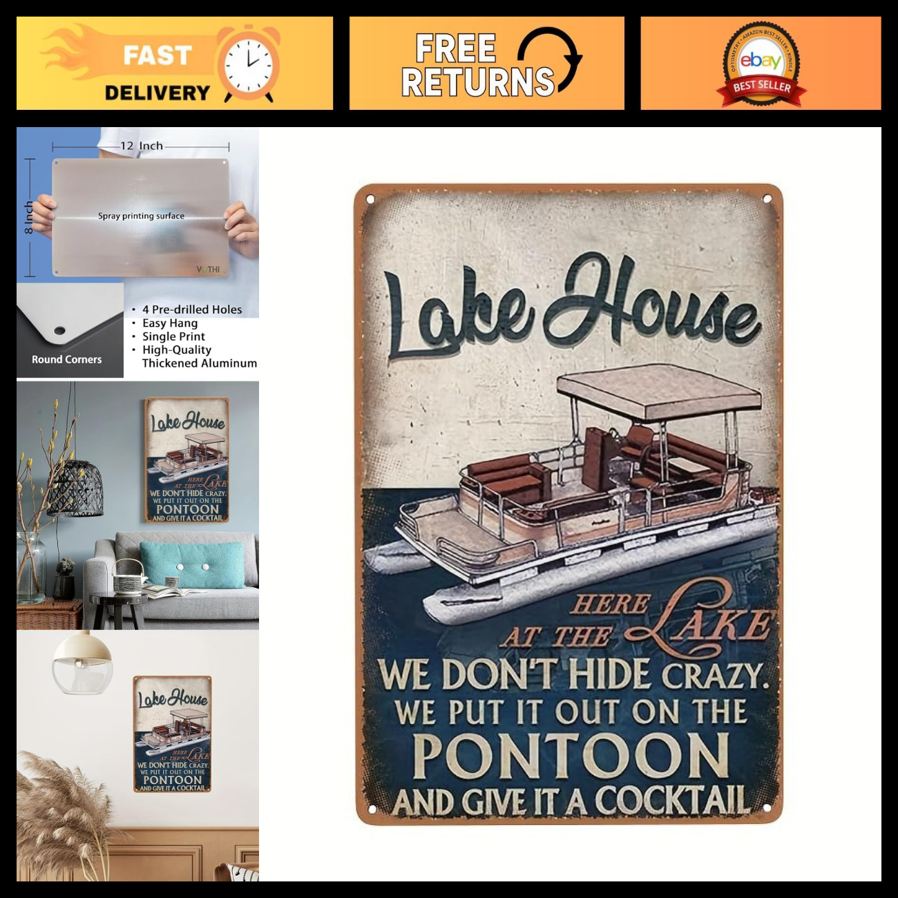 Vintage Lake House Metal Sign Wall Art - Rustic Coffee Tin Decor for Cabin, Cott