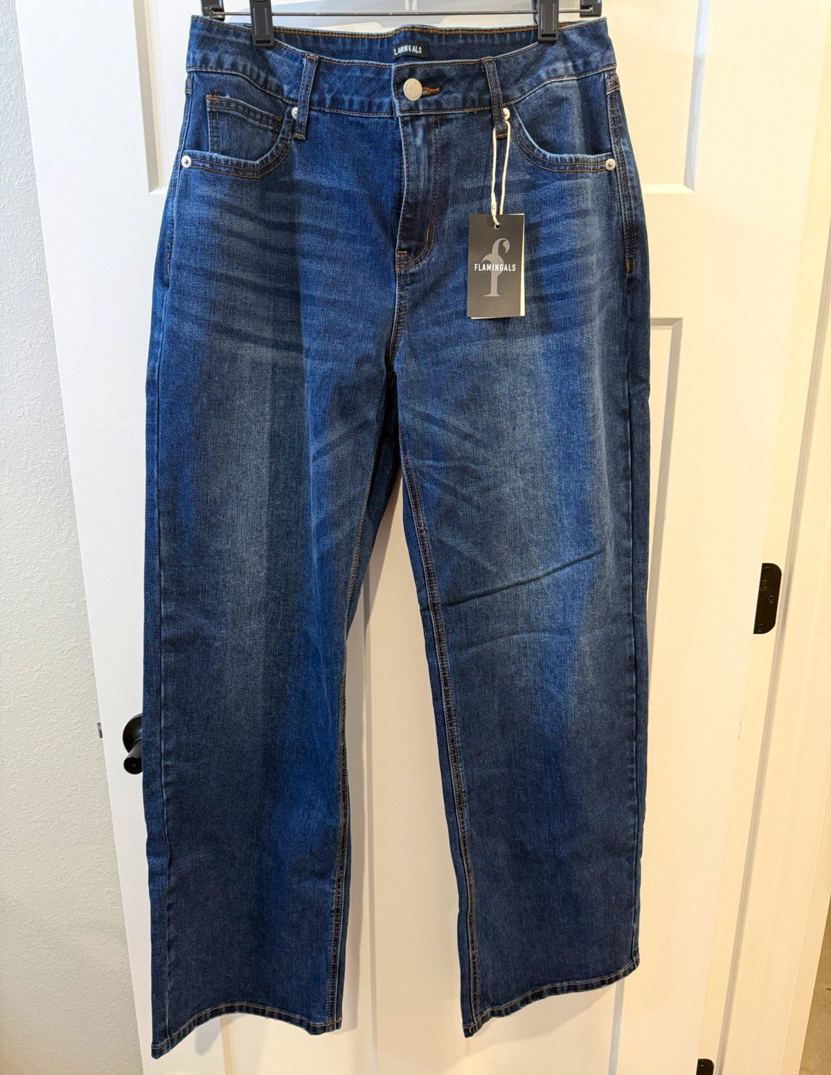 Flamingals Womens Straight Leg Jeans Blue L Stretch Denim 5-Pocket Button Zip