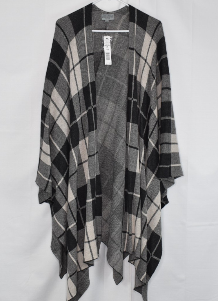 NWT JOSEPH A One Size Women\'s Cotton Blend Cardigan Poncho Wrap Gray Beige Plaid NWT JOSEPH A One Size Women\'s Cotton Blend Cardigan Poncho Wrap Gray Beige Plaid