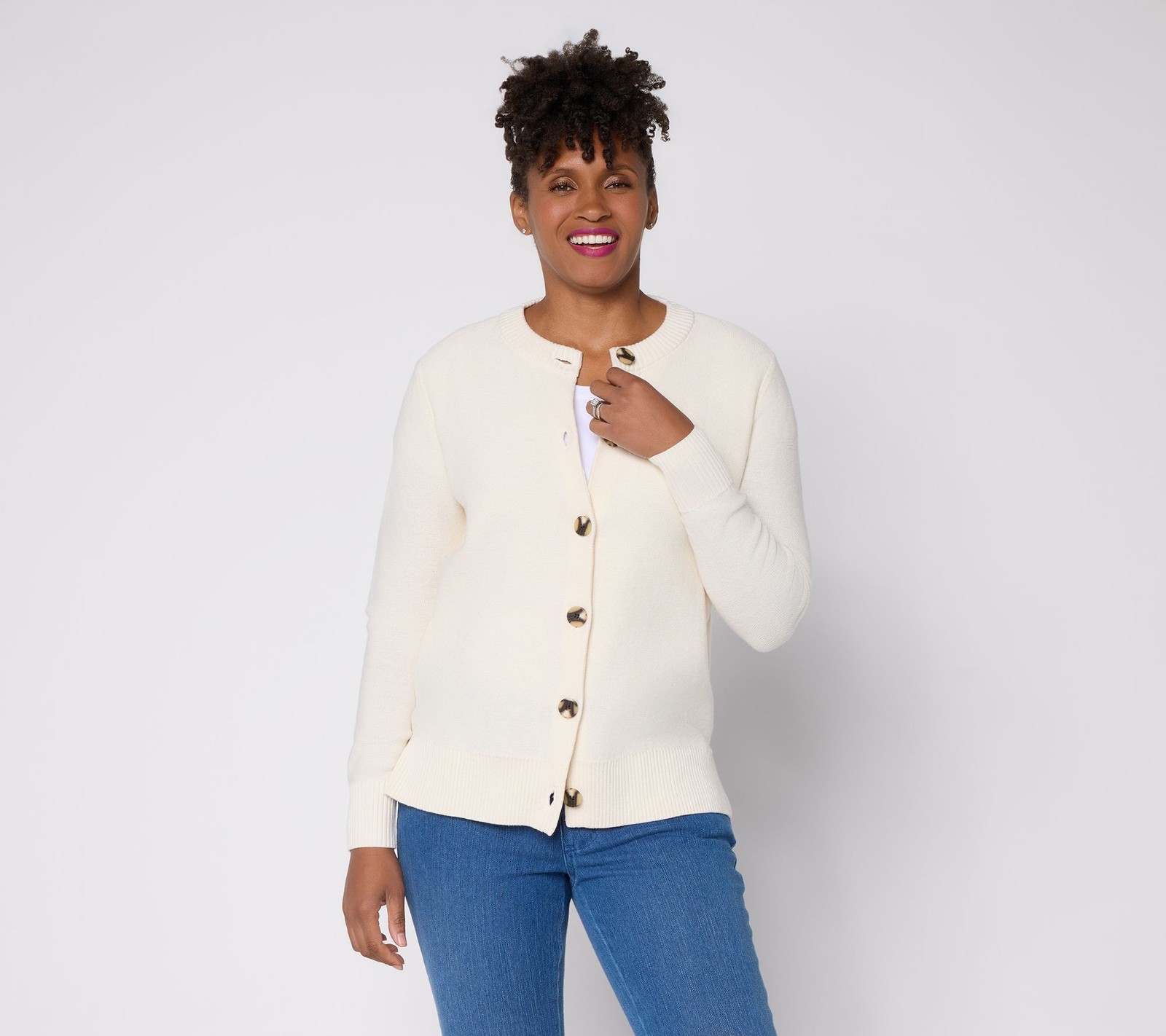 Belle by Kim Gravel Women\'s Top Sweater Sz L Chunky Button Reverse White A731609