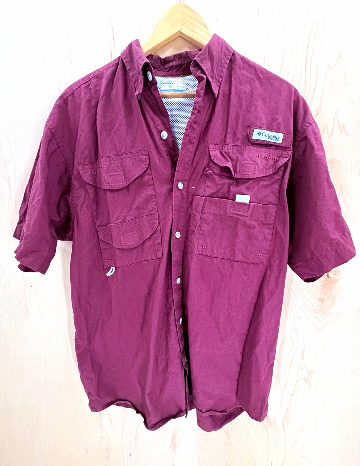 Columbia PFG Men\'s L Burgundy Wine Red Short Sleeve Cotton Relaxed Fishing Shirt Columbia PFG Men\'s L Burgundy Wine Red Short Sleeve Cotton Relaxed Fishing Shirt