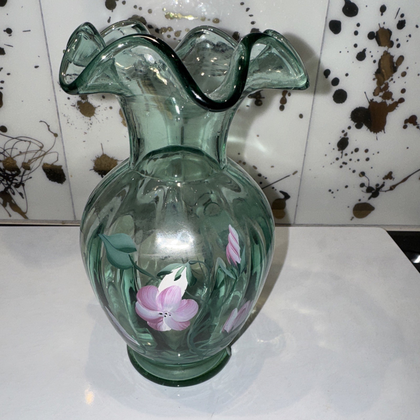 VTG Fenton Sea Mist Green Glass Vase Handpainted Flowers Signed JL Fowler Tag VTG Fenton Sea Mist Green Glass Vase Handpainted Flowers Signed JL Fowler Tag