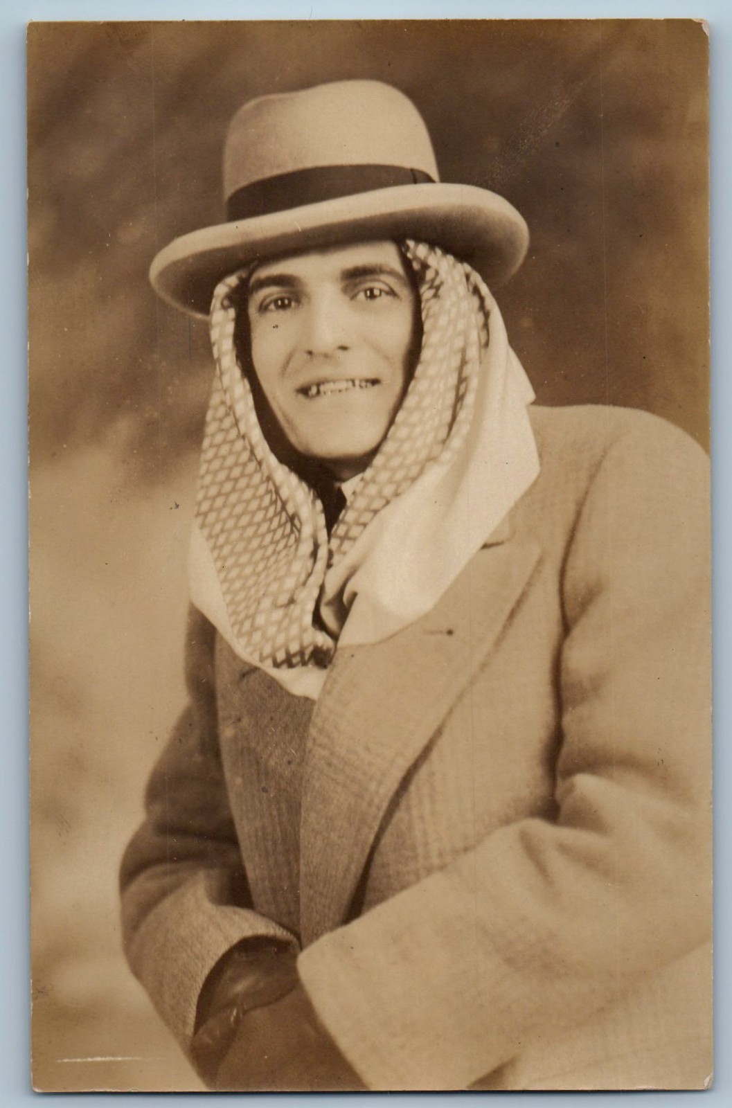 c1910's Smiling Man Unusual Fashion Portrait Studio RPPC Photo Antique Postcard c1910's Smiling Man Unusual Fashion Portrait Studio RPPC Photo Antique Postcard
