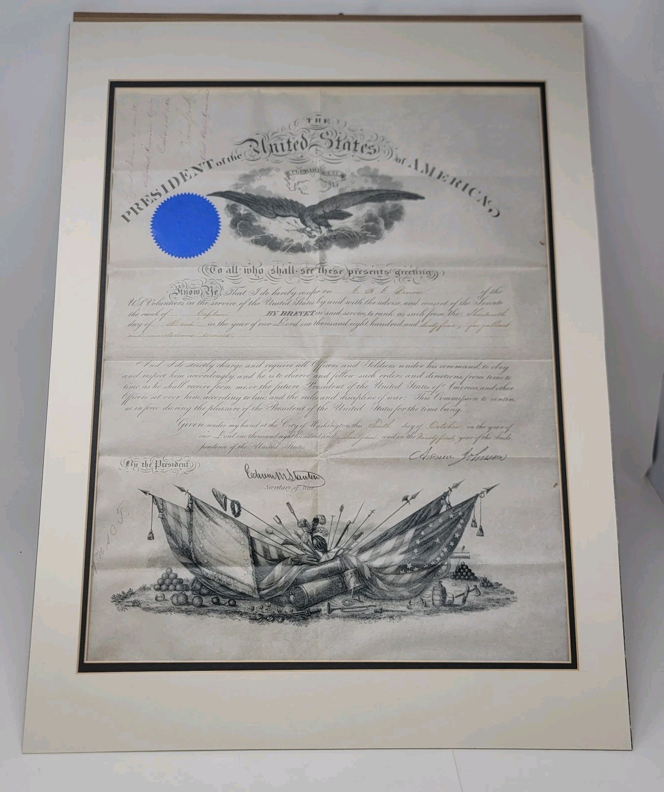 Civil War Brevet Captain Commission March 13th 1865 Andrew Johnson Edwin Stanton