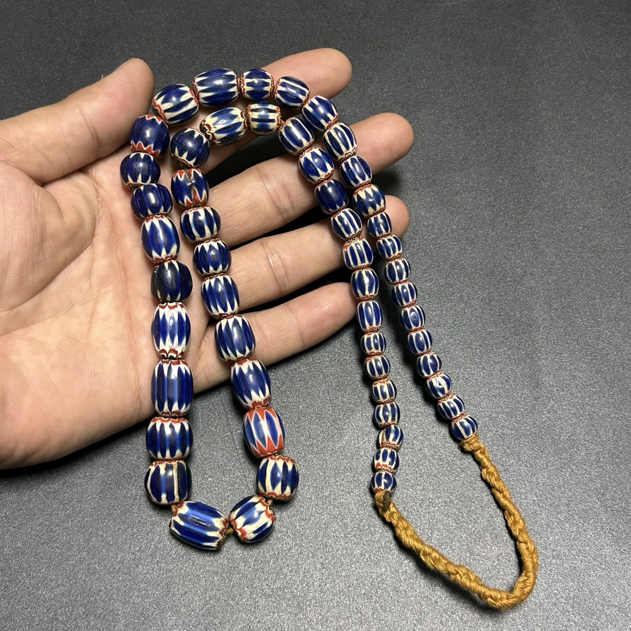 Vintage Venetian Chevron Blue Glass Beads Necklace Old African Trade Beads Vintage Venetian Chevron Blue Glass Beads Necklace Old African Trade Beads