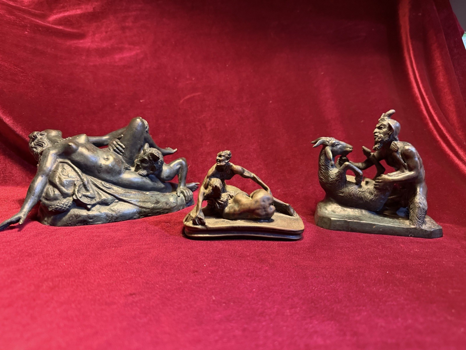 Antique Devil Satyr Erotic Occult Bronze Sculptures Paganism Oddities Set Of 3 Antique Devil Satyr Erotic Occult Bronze Sculptures Paganism Oddities Set Of 3