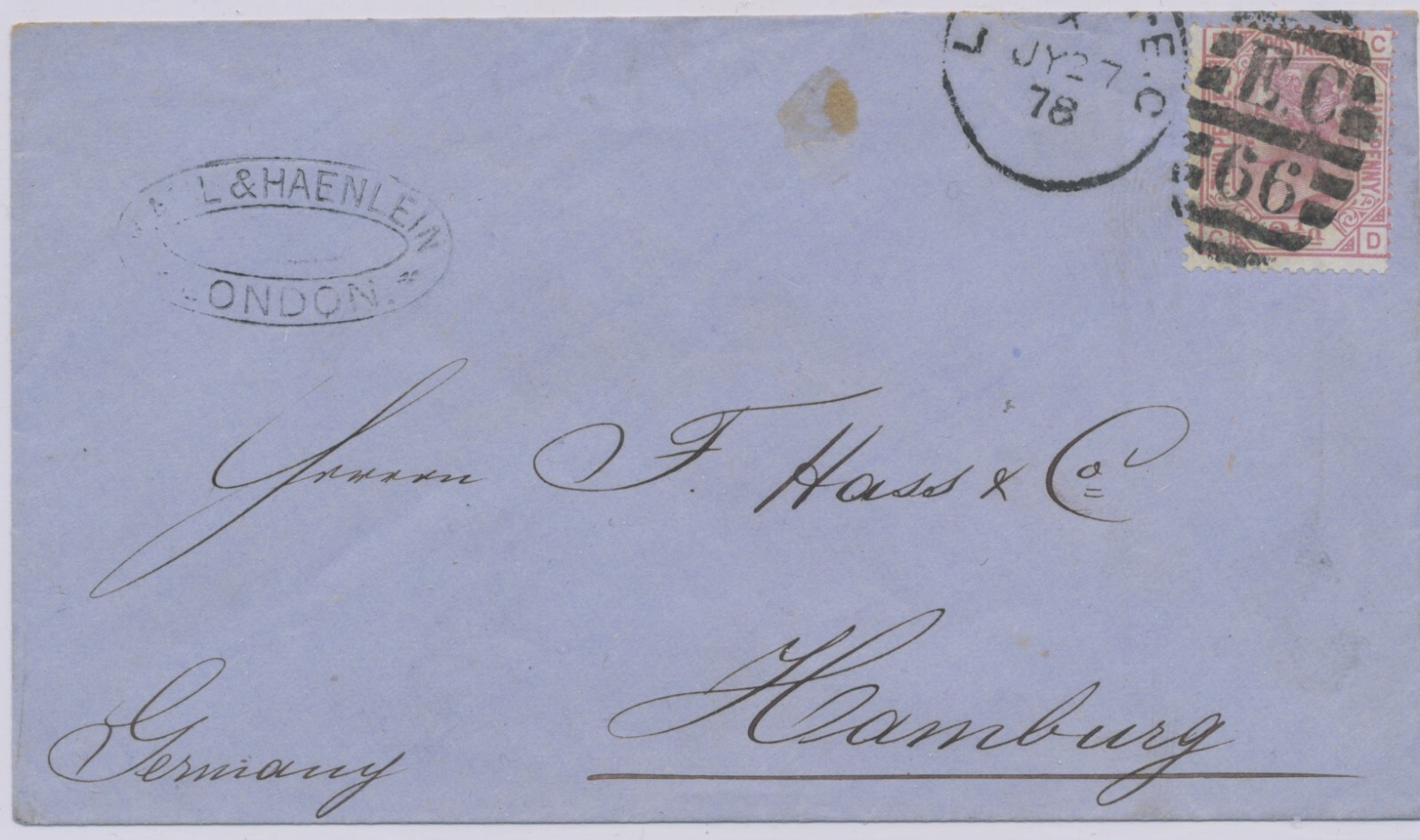 GB 1878 QV 2½ d rosy mauve Pl.10 (CD) on VF cvr \