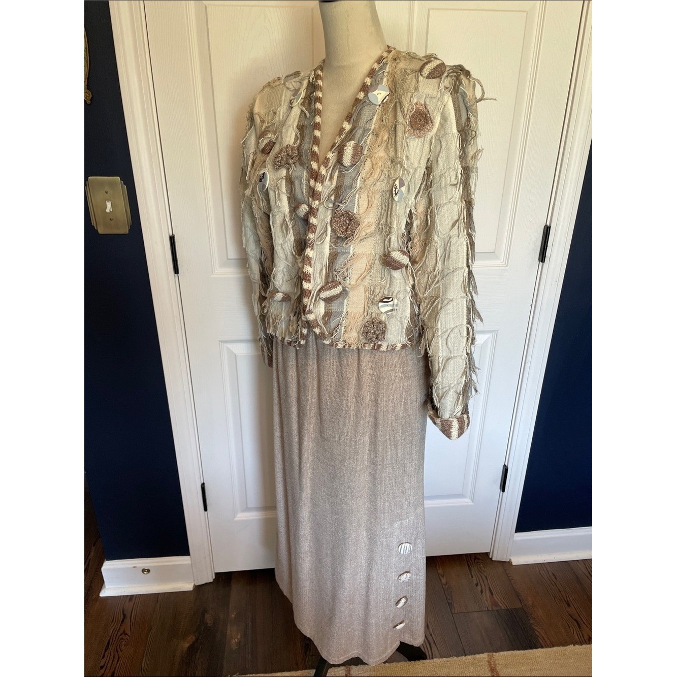 Vintage Crystal Handwovens Beige Textured Maxi Skirt Set Embellished Jacket Sz S