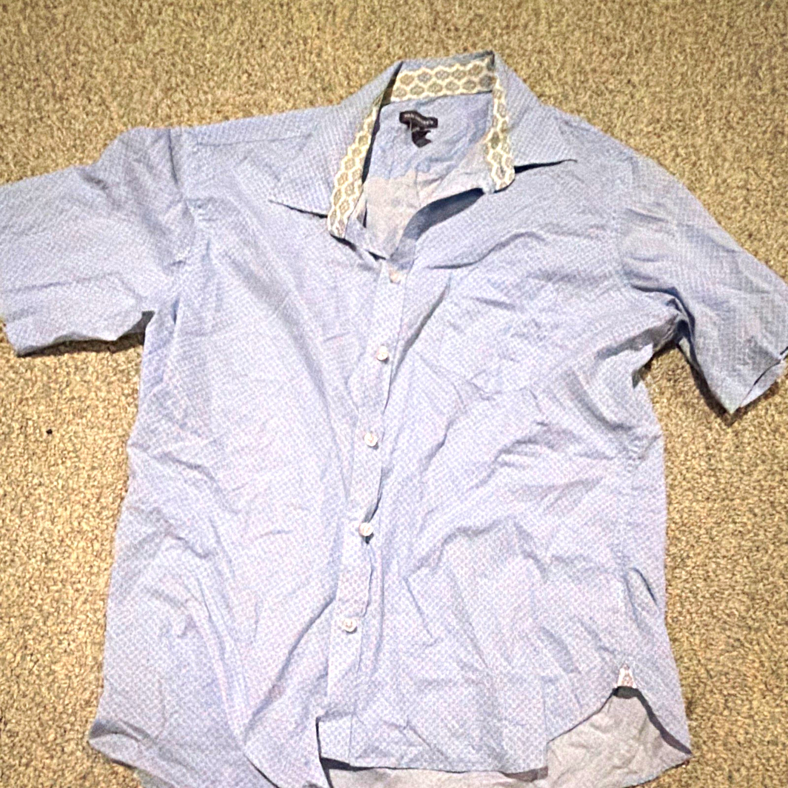 Van Heusen Men\'s Shirt Sz L/G Short Sleeve Blue White Geometric Button Up Van Heusen Men\'s Shirt Sz L/G Short Sleeve Blue White Geometric Button Up