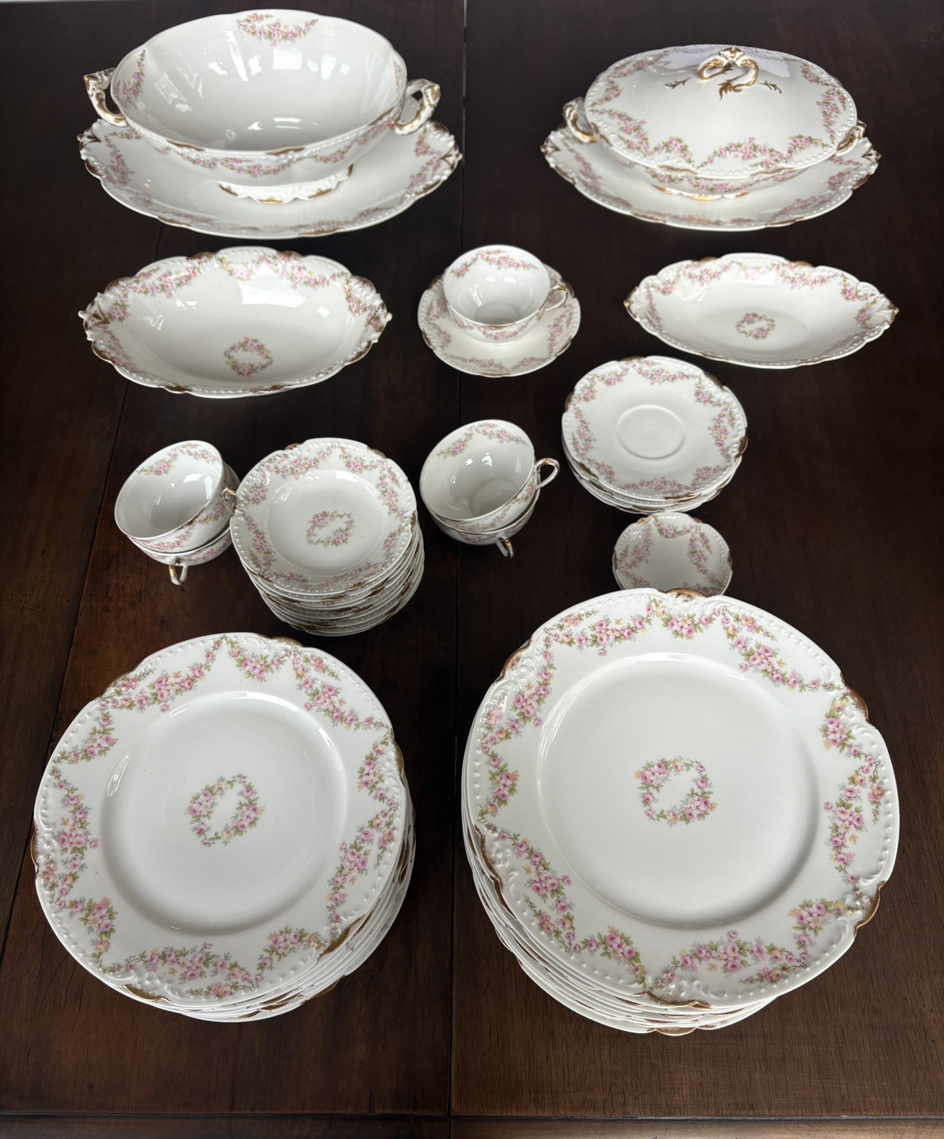 Antique Limoges Elite L 53 piece pink roses gold edged dinnerware set