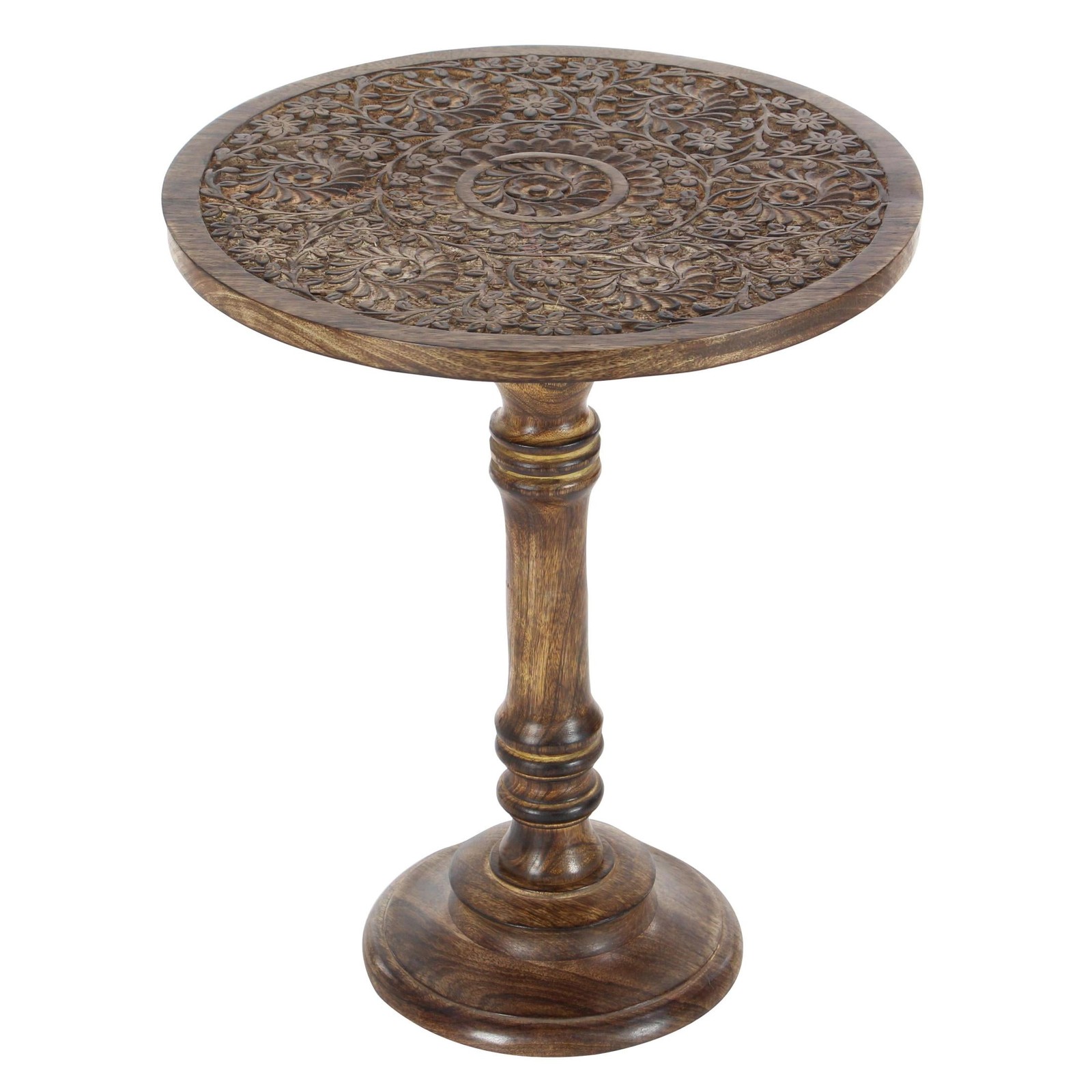 Mango Wood Traditional Carved Floral with Exposed Wood Grain Accent Table 17\
