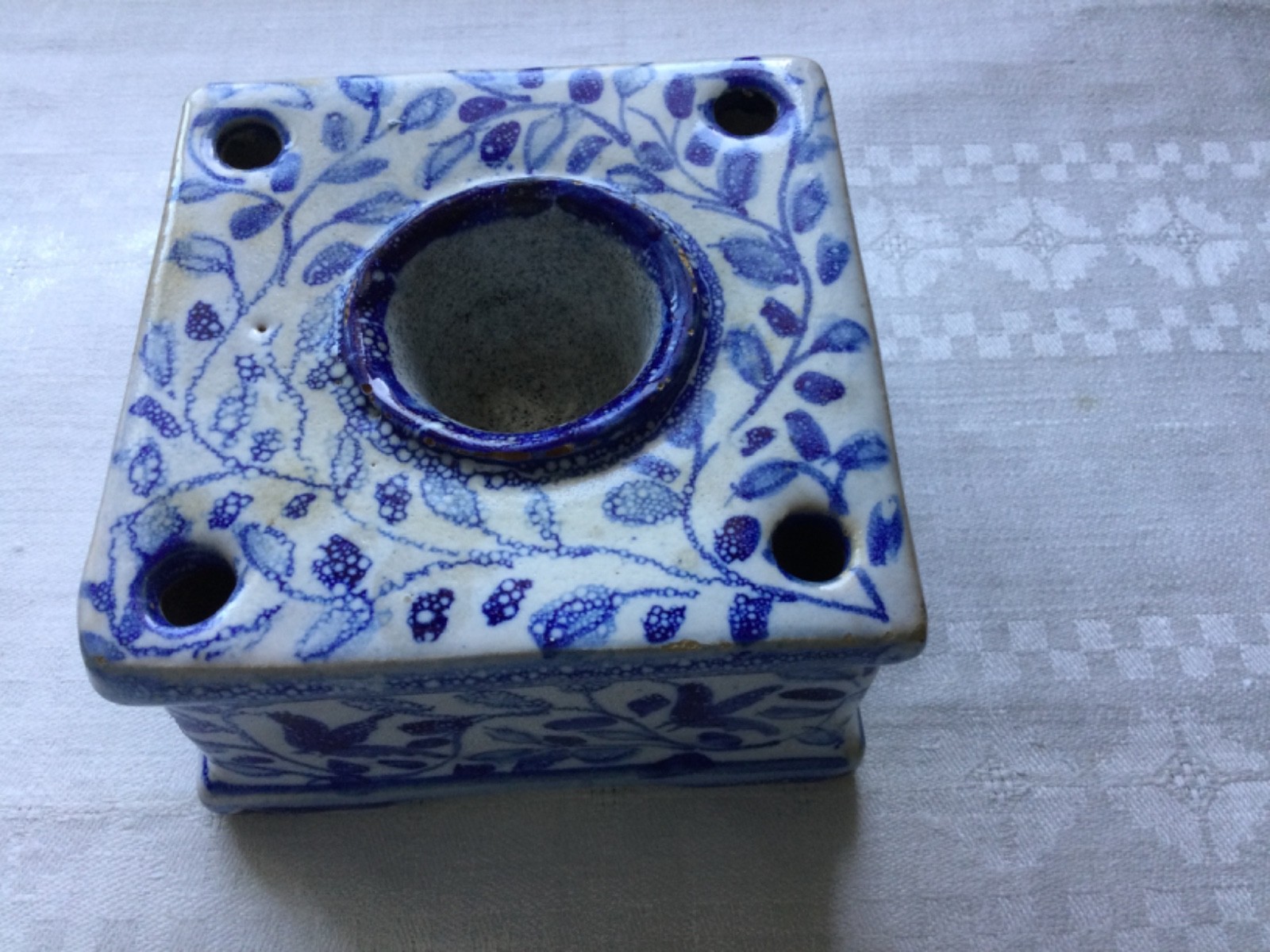 Antique Dutch Delft Inkwell 19th Century White & Blue Flowers & Birds 4”x4”x2”