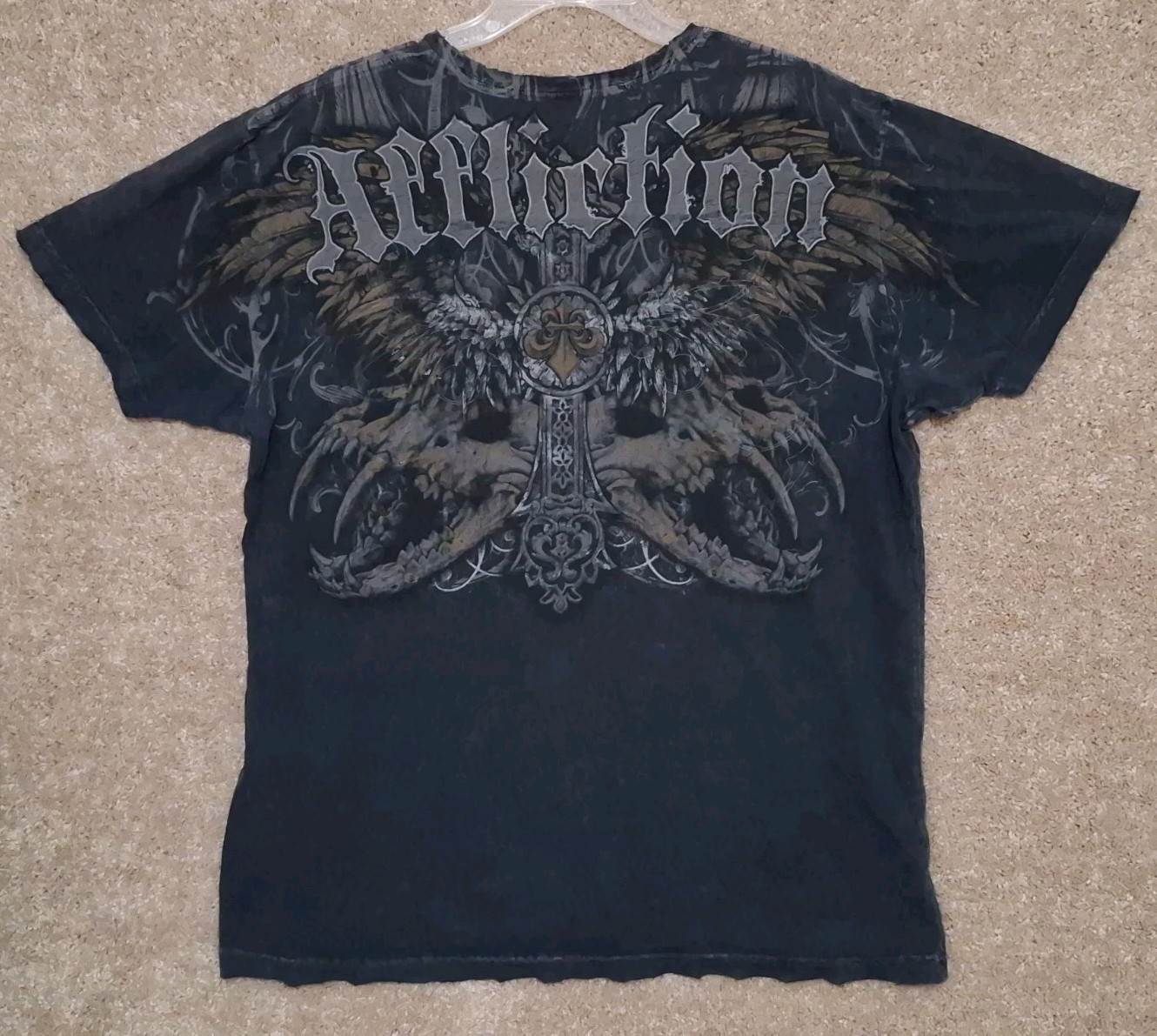 Affliction Graphic Crew Neck Shirt Mens  XL Black Crew Neck Distressed Grunge