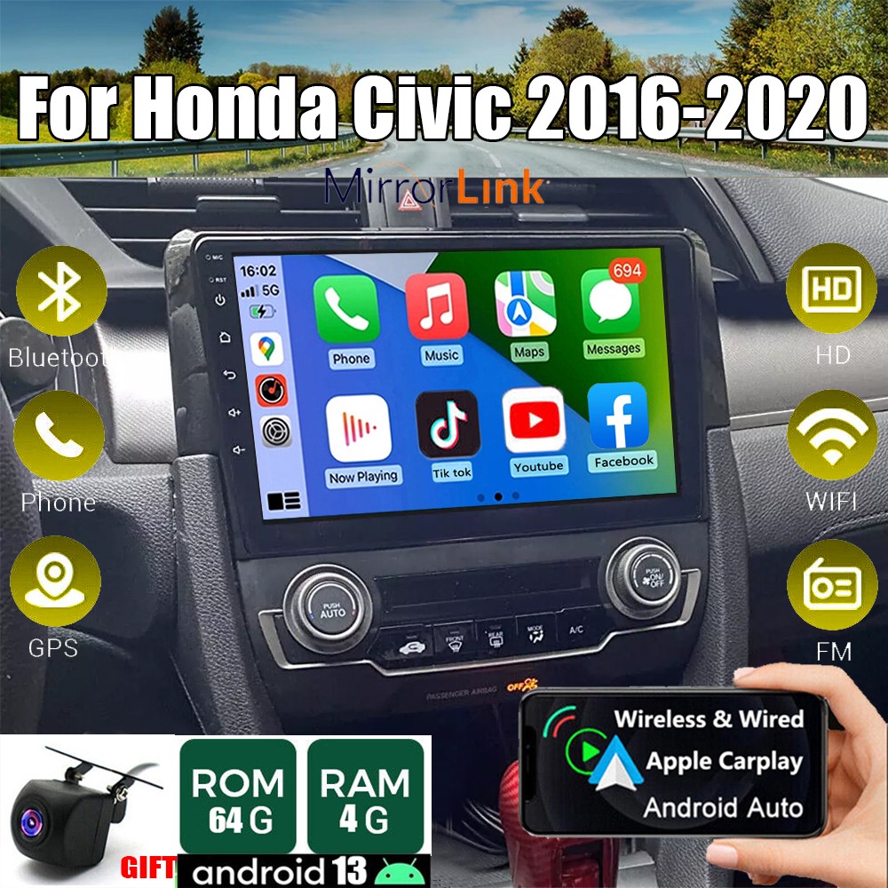 64G PLUG PLAY  APPLE CARPLAY CAR STEREO RADIO FOR 2016-2020 HONDA CIVIC GPS WIFI