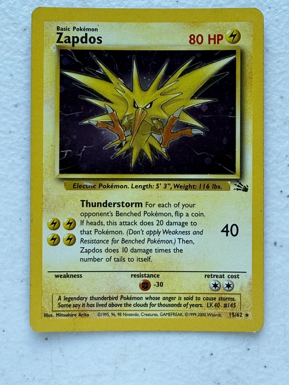 Wizards of the Coast Zapdos Fossil 15/62 Unlimited Holo Rare English 1999 Wizards of the Coast Zapdos Fossil 15/62 Unlimited Holo Rare English 1999