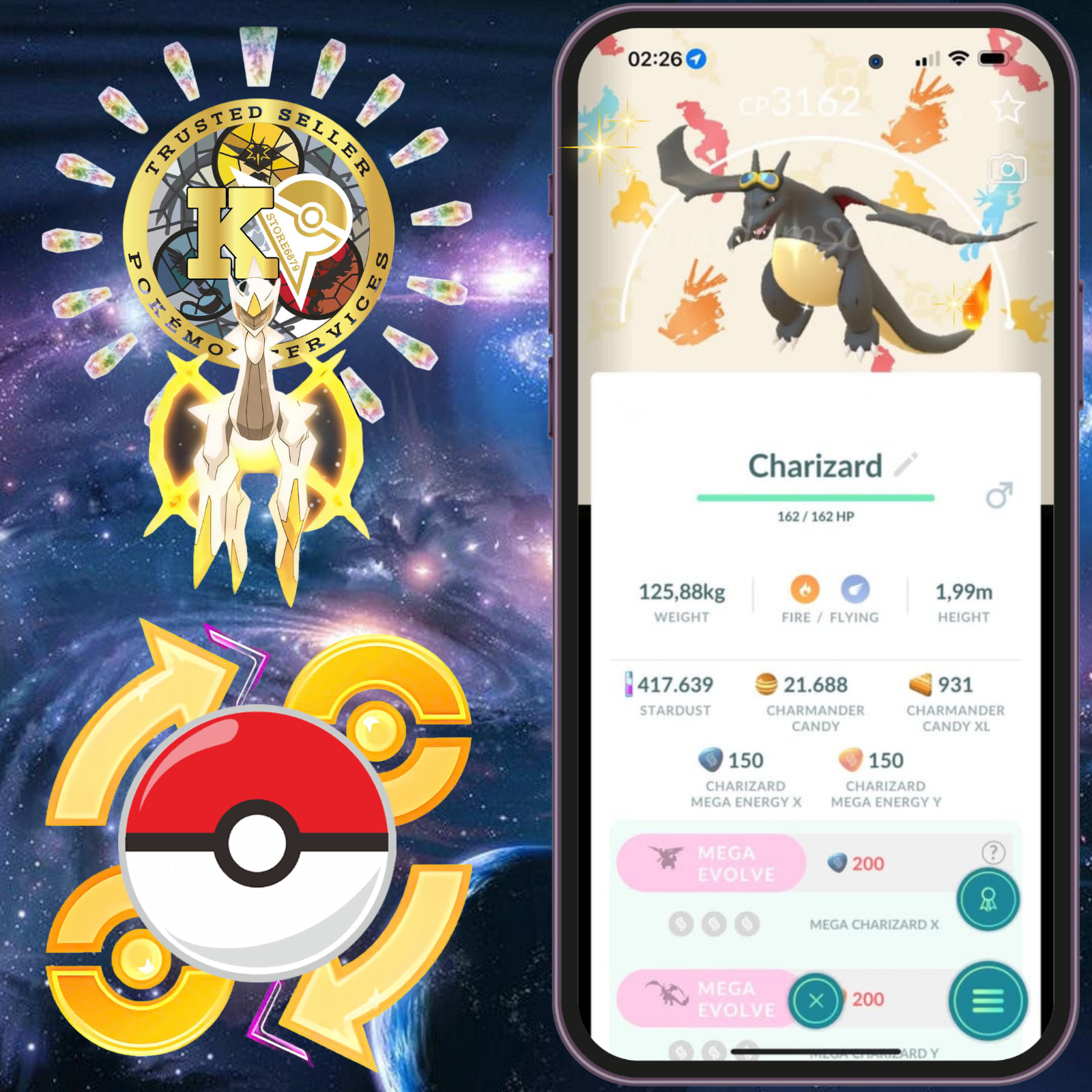 Shiny Charmander — Shiny Charizard —Level 50—Friede’s goggles—Background—Digital